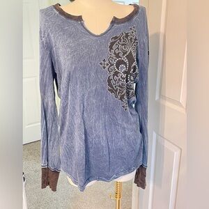 EUC Blue and Brown Soft Cotton Jean type distressed Women's Top